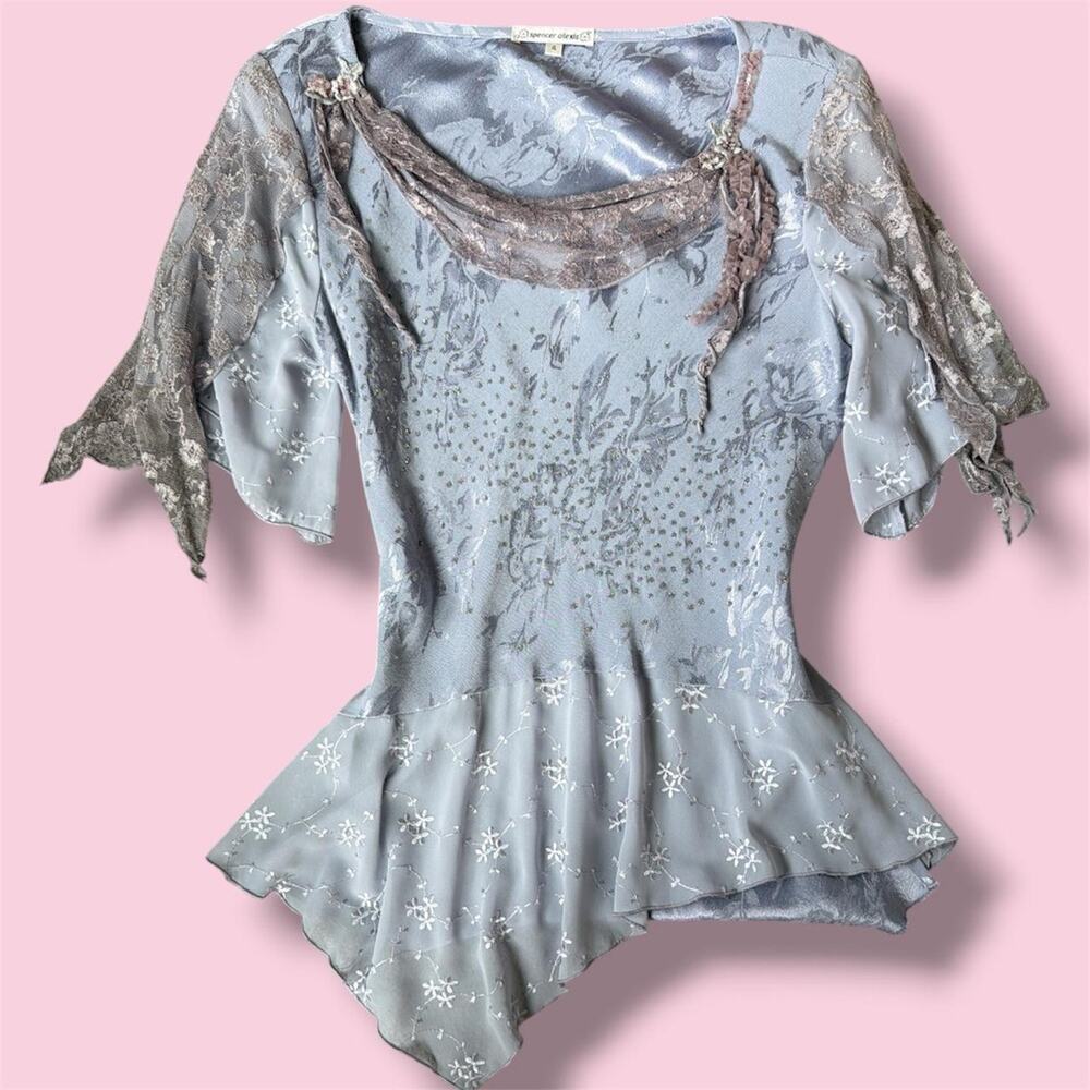 Spencer Alexis lavender asymmetrical fairycore multimedia sparkly blouse